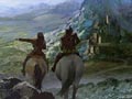 Két utazó épp elhagyja a Mahakam Hegységet. A távolban az Ellander grófság egyik őrposztja látható (napközben).